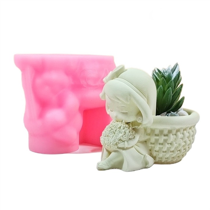 Matrita de silicon mini ghiveci, Milmatt, Model Fetita cu buchet si cos, silicon premium, reutilizabil, potrivit pentru praf ceramic, gips, ipsos, ciment, 7 x 7.5 cm