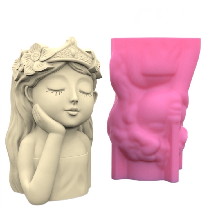 Matrita de silicon mini ghiveci, Milmatt, Model Fata cu coroana, silicon premium, reutilizabil, potrivit pentru praf ceramic, gips, ipsos, ciment, 8 x 7.5 x 12 cm