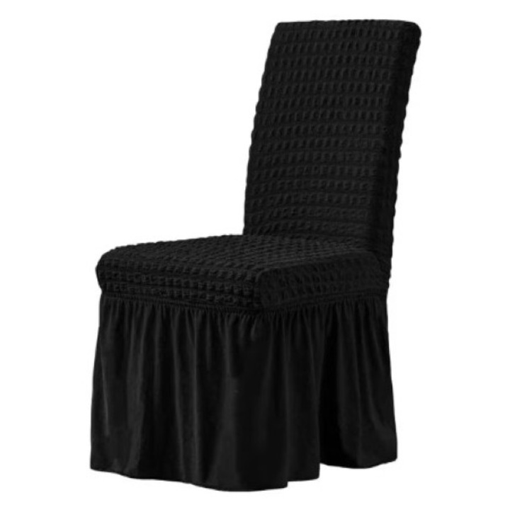 Set 6 huse de scaun, Creponat cu Volanase, Poliester si Licra, Negru