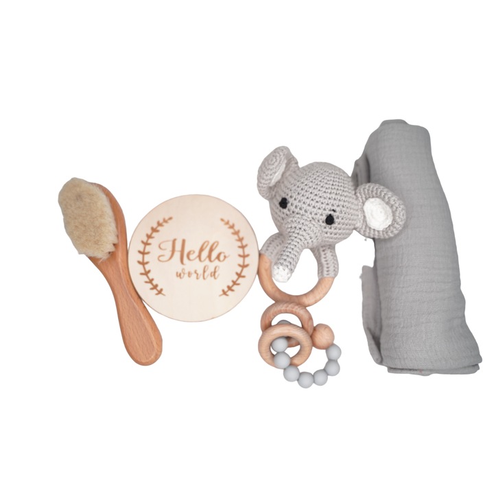 Set ingrijire pentru nou-nascut, Elefant, Baveta din muselina, Jucarie crosetata, Inel gingival, Perie par, Card bun venit, Gri