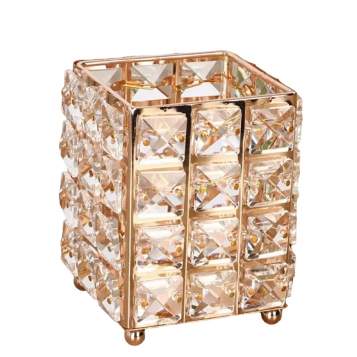 Pahar pentru pensule machiaj, metal 12x12x10 cm auriu