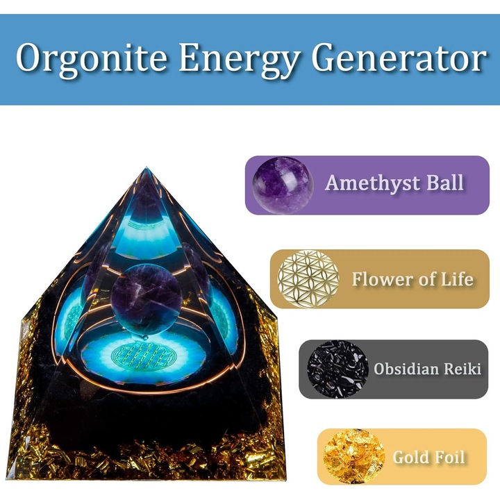 Piramida Orgonica cu cristale de ametist, EXCITAT, obsidian, folie de aur, rasina naturala, sfera de ametist pentru yoga, meditatie, reducerea stresului