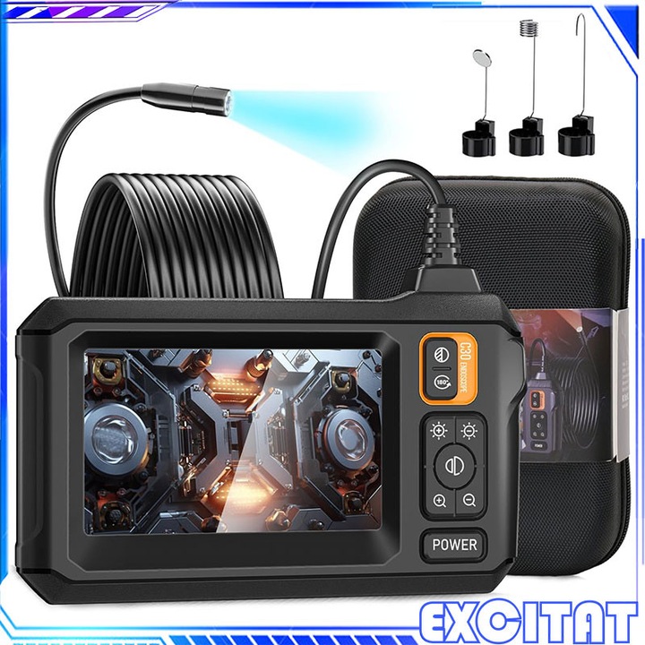 Endoscop, EXCITAT®, camera de inspectie de 8 mm, impermeabila IP67, 8 LED-uri reglabile, ecran LCD 1080P HD de 4, 3 inchi, 10 m, Negru
