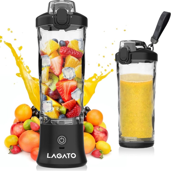 Mini Blender Electric Portabil LAGATO® Crystal Pro, 24000 RPM, 270W, 4000mAh, Capacitate 600ml, Type-C, 6 Lame Ascutite de Otel, Autonomie Mare Reincarcabil, Multifunctional, Auto-Curatare, Impermeabil, Smoothie-uri, Sucuri, Shake-uri Proteice, Negru