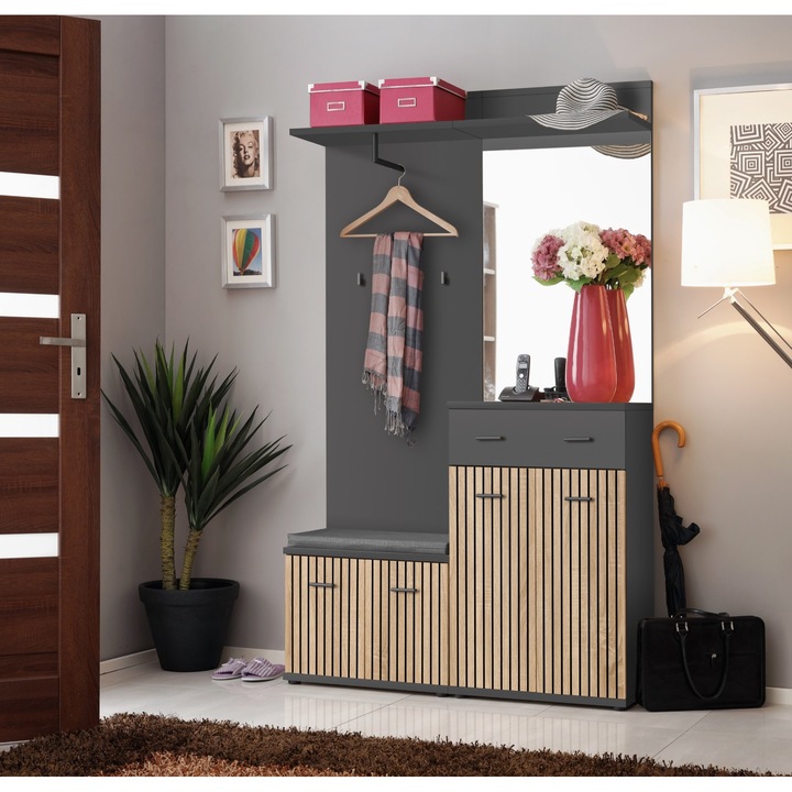 Cuier cu pantofar, oglinda si perna inclusa, gri grafit/ stejar artisan cu model riflaj, 120 cm lungime x 203 cm inaltime x 32 cm adancime, Bortis