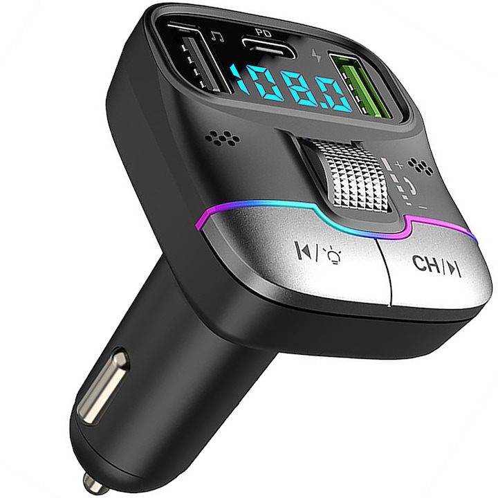 Modulator FM G01 Pro LAGATO®, Bluetooth 5.4, Transmitator FM cu Incarcare, functie de incarcator auto 2 x port USB + 1 x port Type-C, Fast Charge, Hands-Free, Microfon Extern, Afisaj Digital, Redare de pe Stick USB, compatibil cu orice Device, Negru