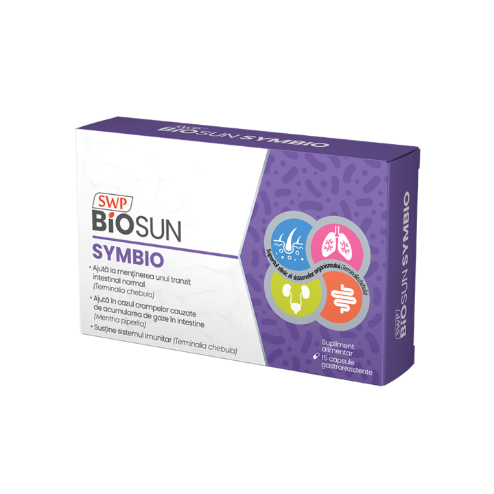 Biosun Symbio, Sun Wave Pharma, Lactobacillus acidophilus, Bifidobacterium bifidum, pentru un tranzit intestinal normal, 15 capsule