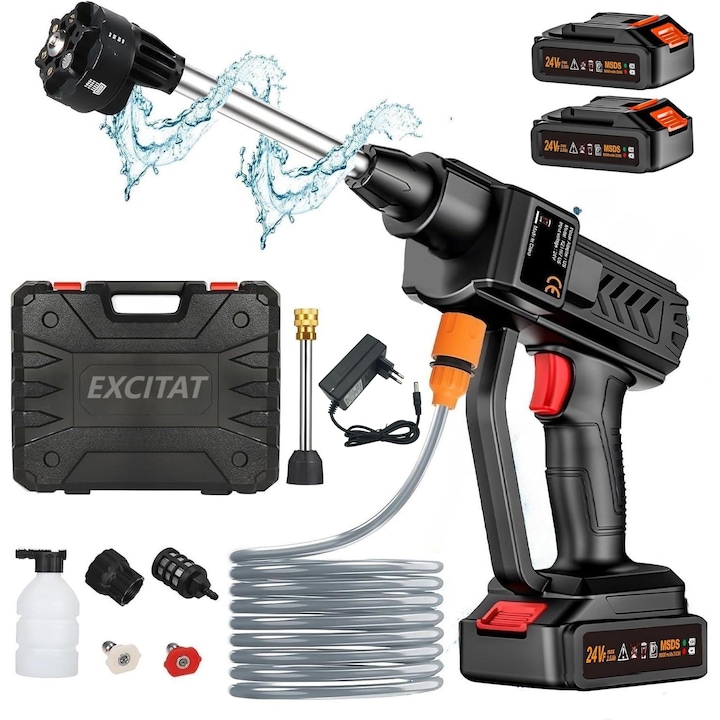 Vezeték nélküli hordozható magasnyomású mosó, 300 W, 5 m víztömlő, 8L/perc, 2 elem, 28 bar, 6 az 1-ben fúvóka, EXCITED, Szűrő és fúvókák mellékelve, Autóba, kertbe és otthonra is alkalmas, Fekete