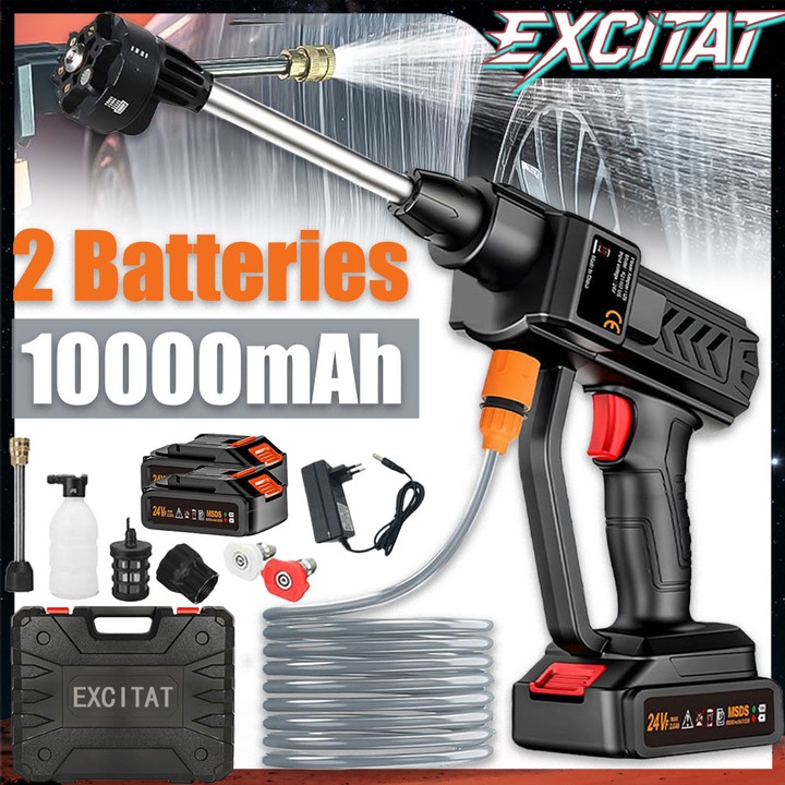 Aparat de Spalat cu Presiune, Fara Fir, Tip Pistol Excitat®, Pistol de spalat cu presiune Portabil Pistol, Duza 6 in 1, 300W, Furtun de apa 5m, 8L/min, 2 baterii, 28 bar, Filtru si Duze incluse, Potrivit pentru masina, Gradina si casa, Negru