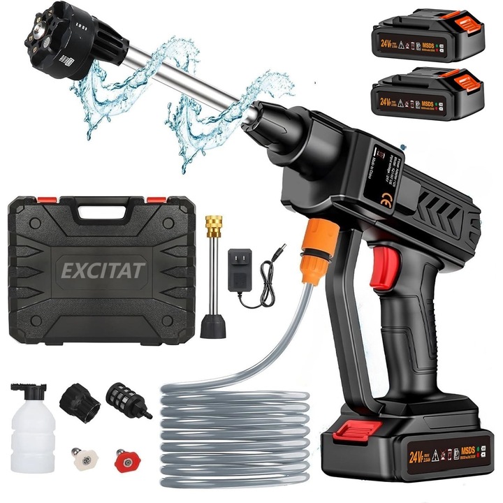 Безжичен преносим уред за миене под налягане, 300W, 5m маркуч за вода, 8L/min, 2 батерии, 28 bar, дюза 6 в 1, EXCITED, черен