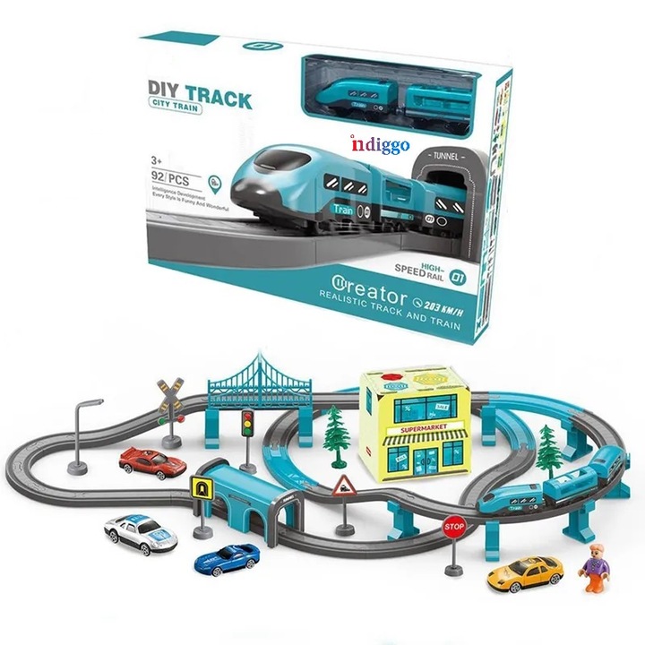 Детски играчки Електрически влак, CityTrain, включва 92 части, със гара и декоративни елементи, 4 коли, звукови ефекти, стимулира въображението на децата, Indiggo, 3 години+, тюркоаз