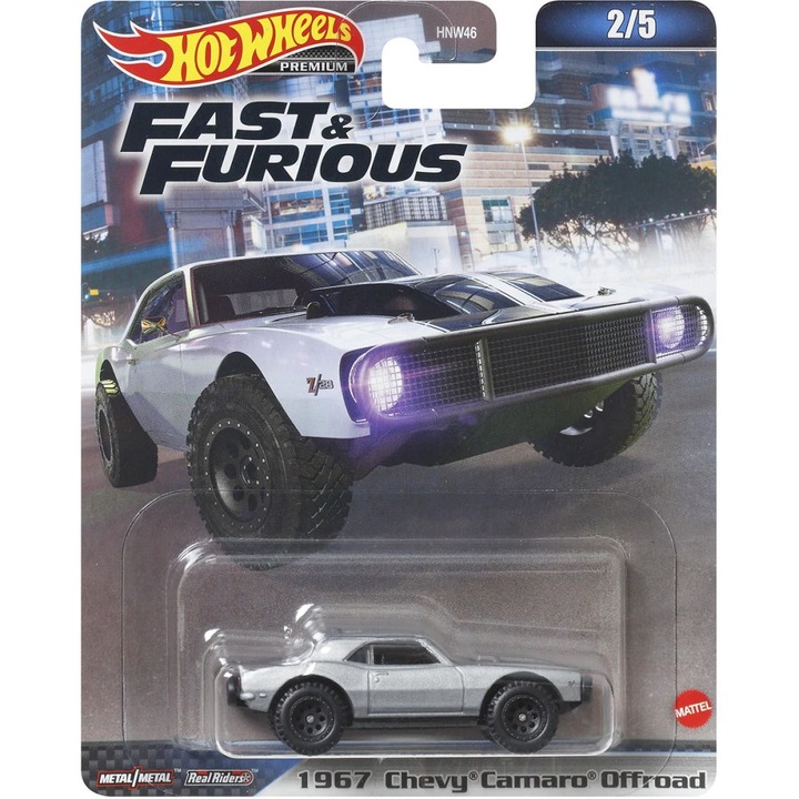 Метална кола, Hot Wheels Premium, Бързи и яростни, 1967 Chevrolet Camaro Offroad, 1:64, HNW47, сив