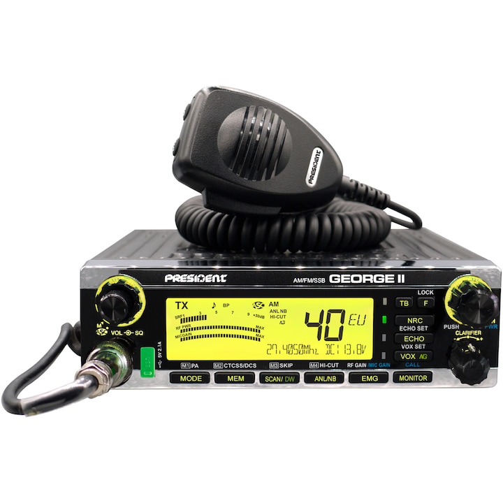 Радиостанция President George II ASC, AM/FM/LSB/USB, Roger Beep, NB, ANL, NRC филтри, USB порт, Многоцветен екран, 12V