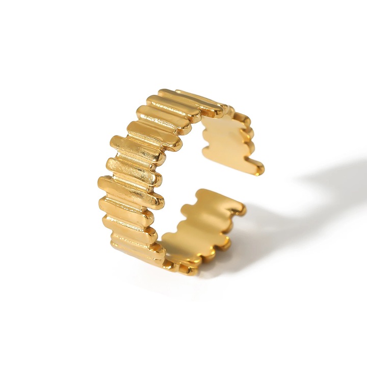 Inel ajustabil lat ridat din otel inoxidabil placat cu aur galben 18K