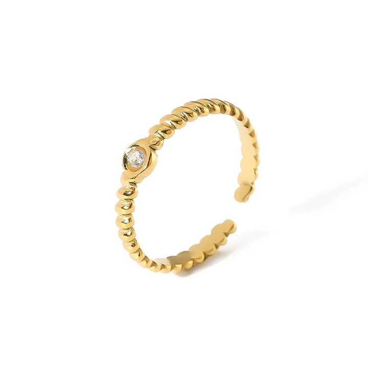 Inel ajustabil cu piatra centrala mica, din otel inoxidabil placat cu aur galben 18K