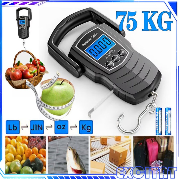 Cantar portabila digitala de mana, EXCITAT, 75 kg, cu banda de masurare 1, 5 M, 4 unitati comutabile, Precizie 0.01, Afisaj LCD, Oprire automata, baterie inclusa, negru