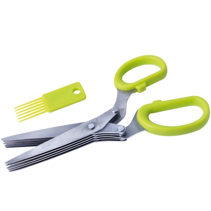 Set Foarfece Pentru Ierburi Cu Perie, Orion, 19.5x7.5x7 cm, Cinci Lame, Lame Din Otel Inoxidabil, Manere Din Plastic, Usor De Curatat, Materiale De Inalta Calitate, Verde