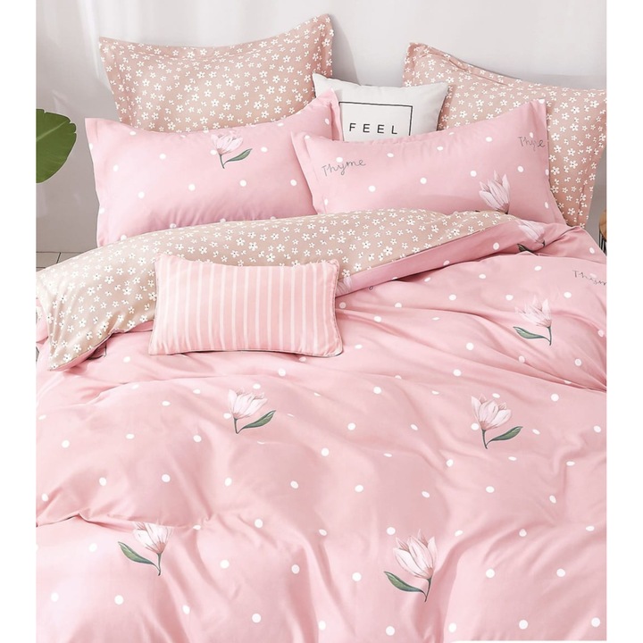 Двойно спално бельо за 2 човека, 6 части, Памук, - Finet 230 x 200 см, Кремаво розово на точки и бели пуканки