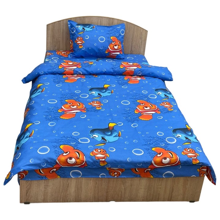 Lenjerie pat single, culoare albastru, pentru saltea de 90cm, "Finding Nemo by Liz Line" din bumbac - LS230