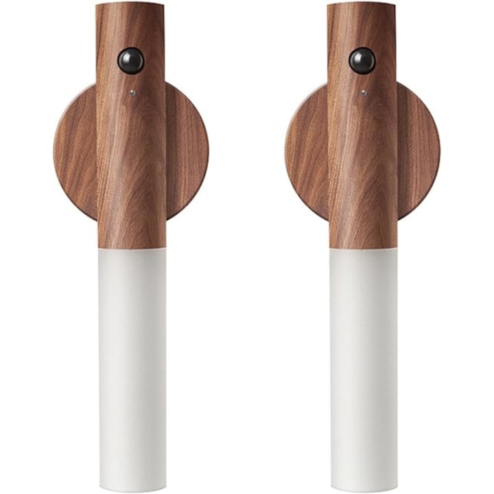 Aplica de perete cu senzor de miscare hol, @Mobleto, corp cu magnet, lumina LED reincarcabila, din lemn, pentru dulap alimentate cu baterii, 2 buc