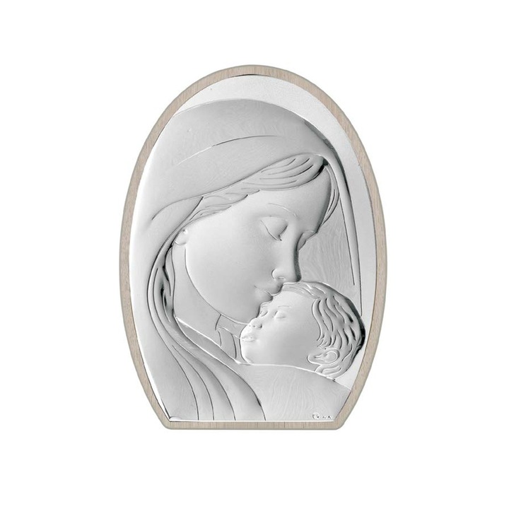 Ezüstözött ikon fehér kerettel, Szűz Mária, 12,5 cm x 9,5 cm