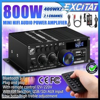 Amplificator audio cu adaptor alimentator si telecomanda, Excitat®, 12V/220V, 400W x 2, cu Functia FM, Suport intrare USB/SD/AUX, Bluetooth 5.0, Ajustare bass/inalte, Plug and Play, Metal, Negru