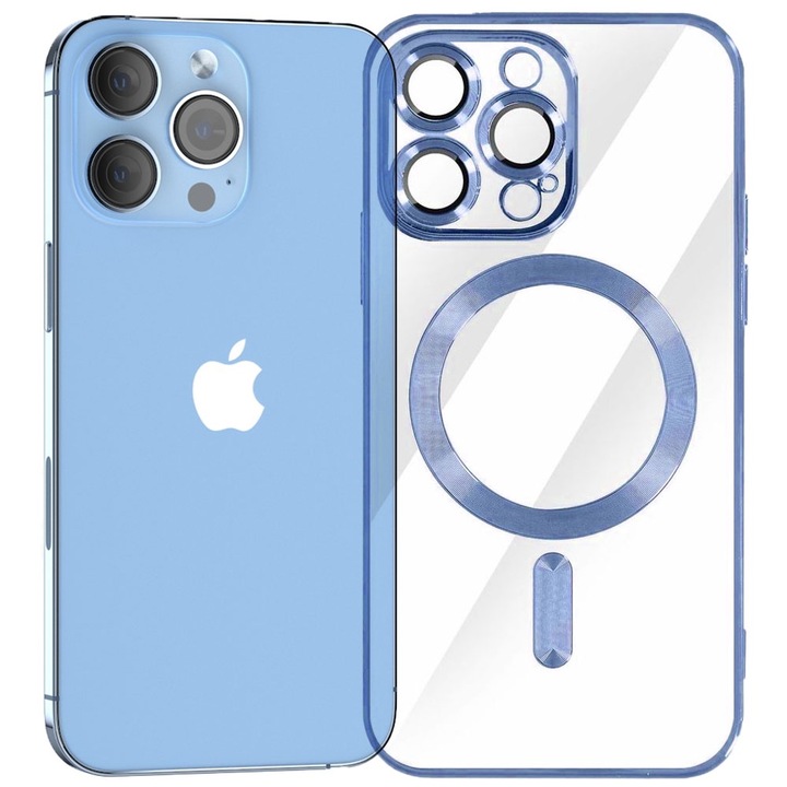 Husa tip MagSafe pentru Apple iPhone 13 Pro Max, Glamour MagCase, Protectie lentile camere, Rama electroplacata, Accente metalizate, Margini ridicate, Incarcare wireless, Magnetica, Albastru