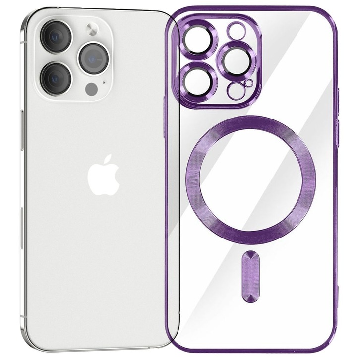 Husa tip MagSafe pentru Apple iPhone 13 Pro, Glamour MagCase, Protectie lentile camere, Rama electroplacata, Accente metalizate, Margini ridicate, Incarcare wireless, Magnetica, Mov