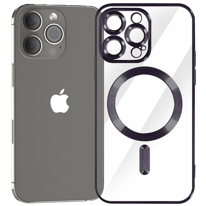 Husa tip MagSafe pentru Apple iPhone 13 Pro Max, Glamour MagCase, Protectie lentile camere, Rama electroplacata, Accente metalizate, Margini ridicate, Incarcare wireless, Magnetica, Negru
