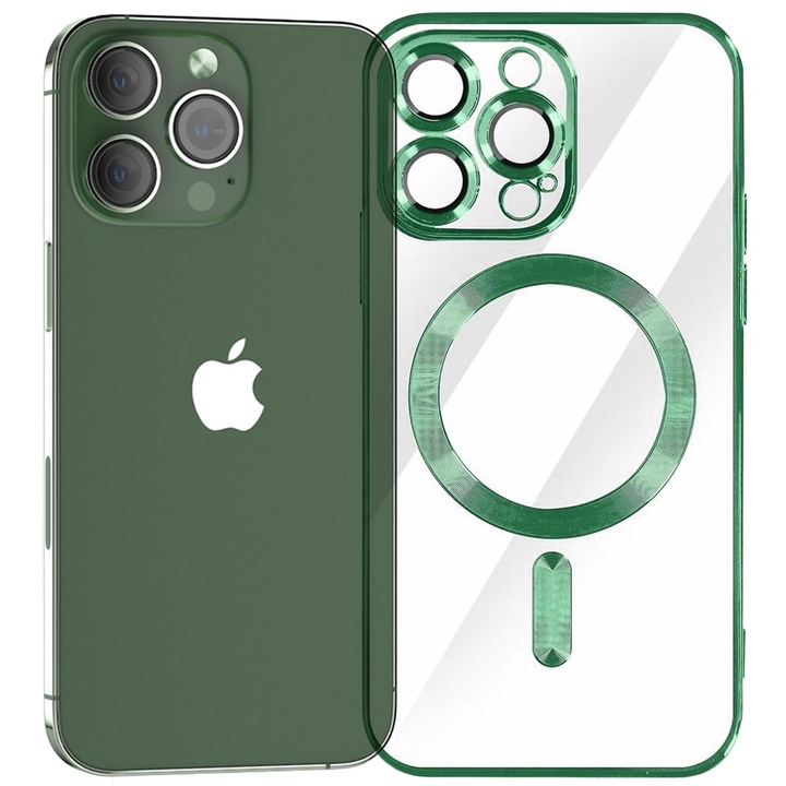 Husa tip MagSafe pentru Apple iPhone 13 Pro, Glamour MagCase, Protectie lentile camere, Rama electroplacata, Accente metalizate, Margini ridicate, Incarcare wireless, Magnetica, Verde