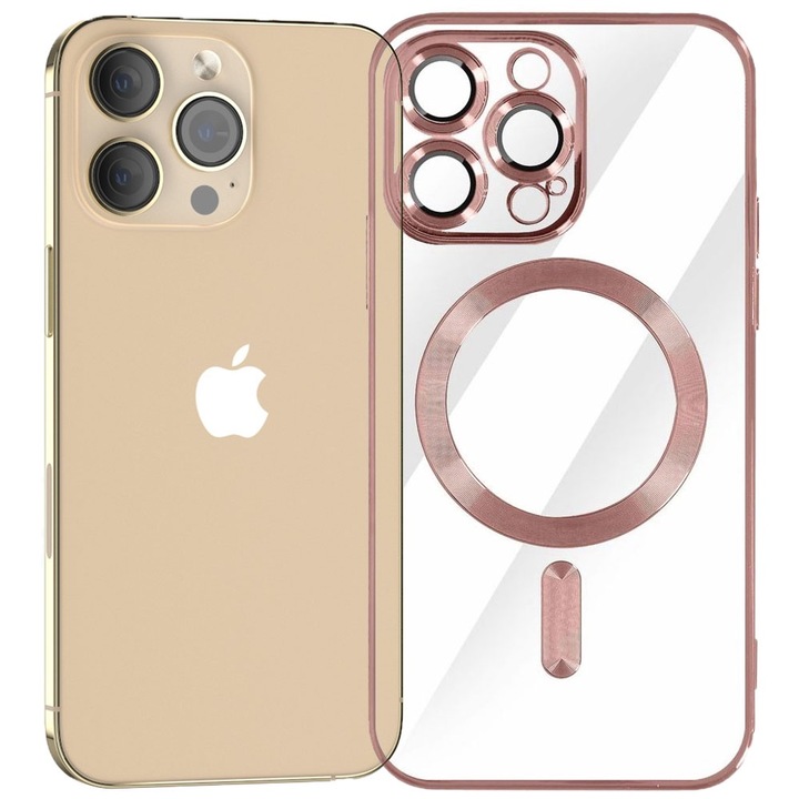 Husa tip MagSafe pentru Apple iPhone 13 Pro Max, Glamour MagCase, Protectie lentile camere, Rama electroplacata, Accente metalizate, Margini ridicate, Incarcare wireless, Magnetica, Roz