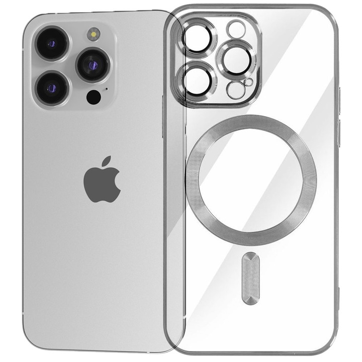 Husa tip MagSafe pentru Apple iPhone 14 Pro, Glamour MagCase, Protectie lentile camere, Rama electroplacata, Accente metalizate, Margini ridicate, Incarcare wireless, Magnetica, Argintiu