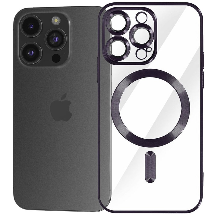 Husa tip MagSafe pentru Apple iPhone 14 Pro, Glamour MagCase, Protectie lentile camere, Rama electroplacata, Accente metalizate, Margini ridicate, Incarcare wireless, Magnetica, Negru