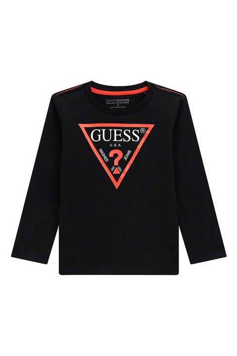 GUESS KIDS, Bluza de bumbac organic cu imprimeu logo, Negru/Coral/Alb optic