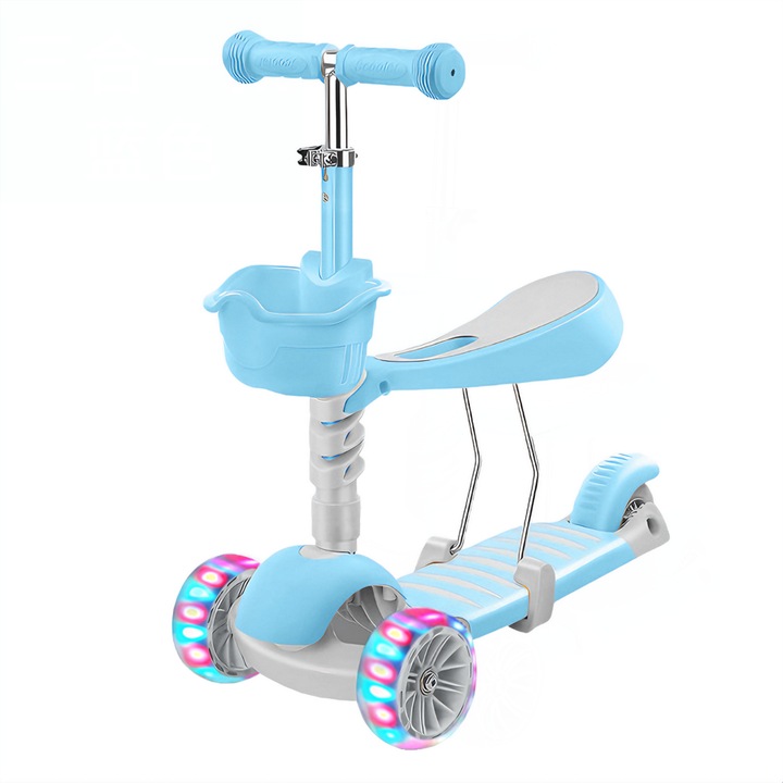 Trotineta pentru Copii 2 in 1 Teno®, scaunel incorporat, lumini,3 roti, cosulet frontal, anti-aluncare, inaltime ajustabila, stabila, frana, incorporata, 3-11 ani, albastru