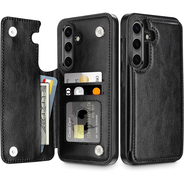 Защитен калъф за Samsung Galaxy S24 6.2 инча, кожен, със сгъваемо отделение за карти и банкноти, затваря се с магнитен телбод, черен
