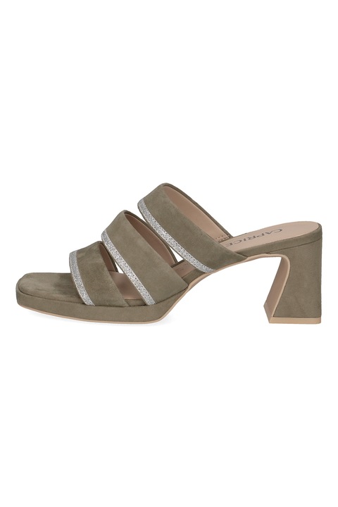 Caprice, Papuci din piele intoarsa cu toc si detalii stralucitoare, Kaki/Argintiu