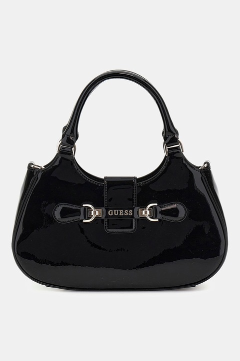 GUESS, Geanta de piele lacuita cu maner Nolana, Negru