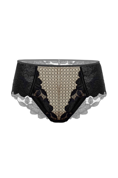 Slip brazilian modelator cu talie inalta, din dantela, Negru