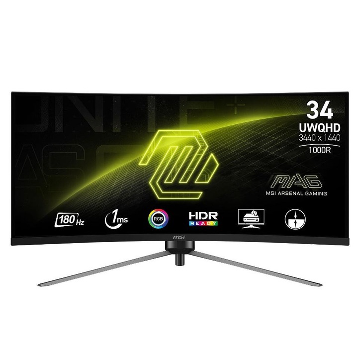 Monitor Gaming VA LED MSI MAG 34" 345CQR, UWQHD 3440x1440, HDMI, DisplayPort, ívelt képernyő, 180 Hz, 1 ms fekete