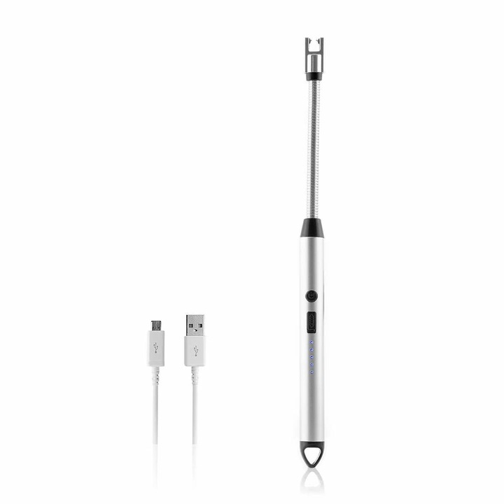 Elektromos öngyújtó 360°-os hajlékony fejjel, USB újratölthető, bel- és kültérre, extra hosszú kivitel, LED elemjelző, ezüst/fekete, 2 x 26 cm