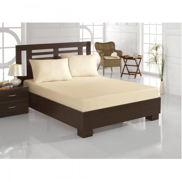 Set pat 3 piese Studio Casa, Crem, cearceaf pat dublu cu elastic si doua fete de perna -100% bumbac