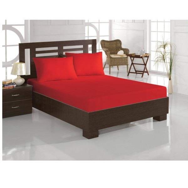 Set pat 3 piese Studio Casa, Rosu, cearceaf pat dublu cu elastic si doua fete de perna -100% bumbac