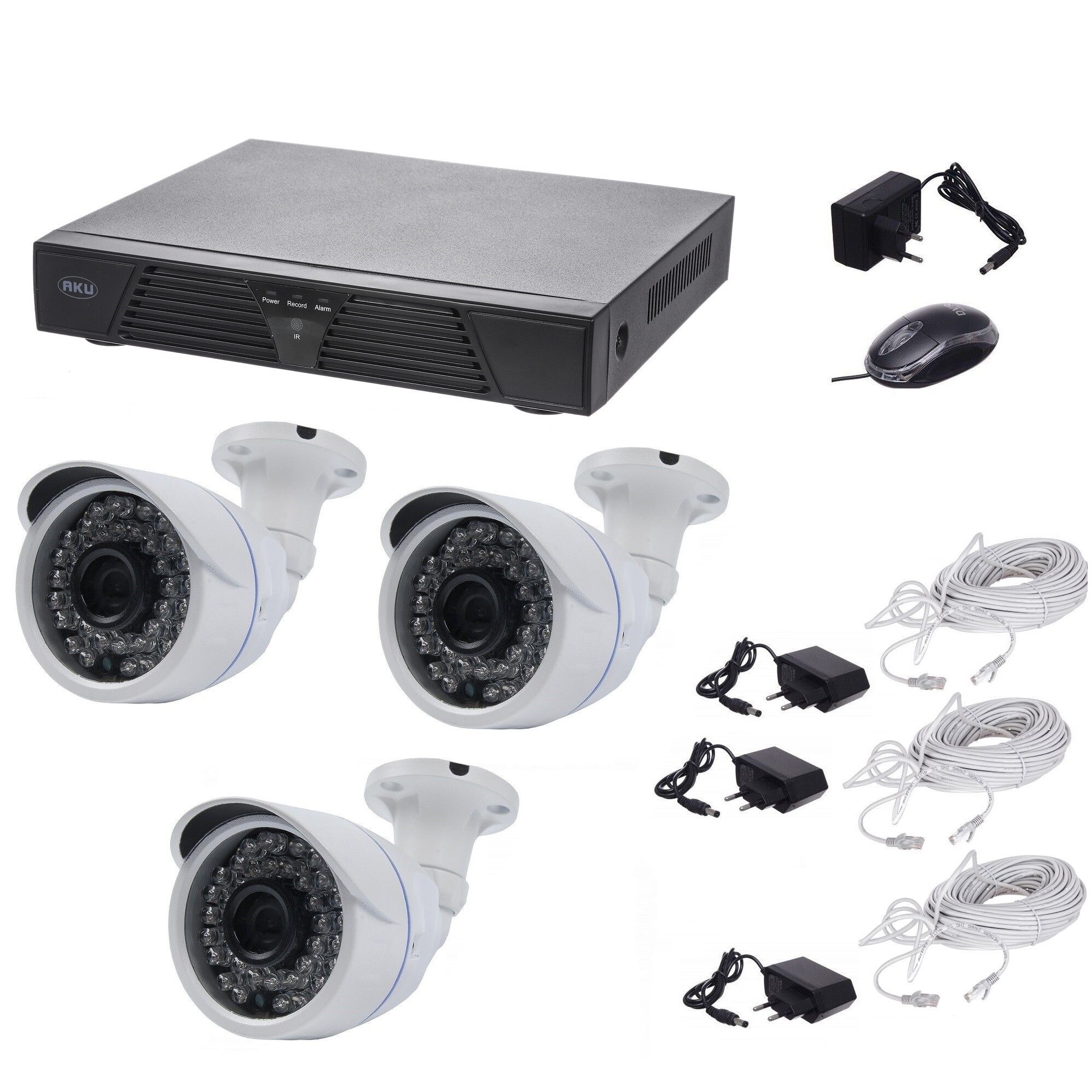 Kit supraveghere video Digital HD Aku 3 camere IP interior/exterior + NVR 4 canale H264