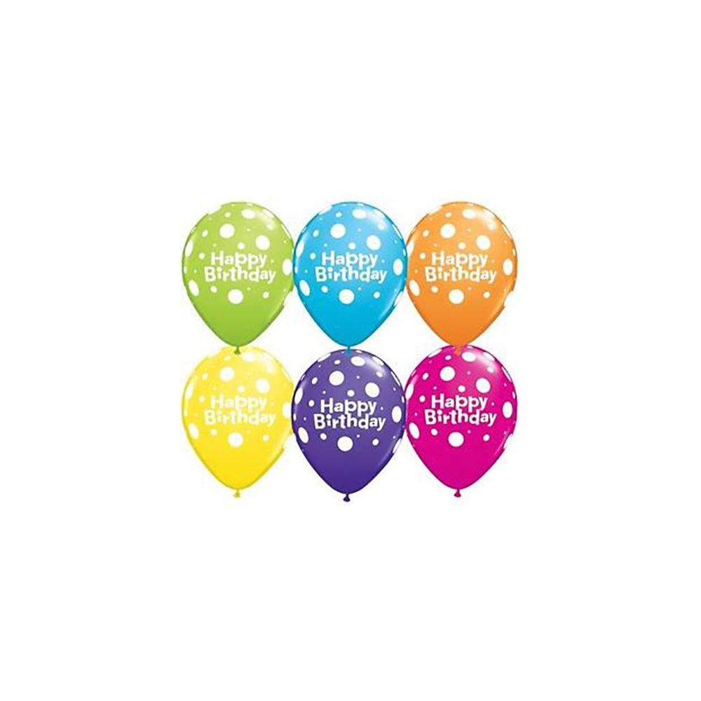 Baloane latex asortate Happy Birthday Big Polka Dots, Qualatex, 10 buc