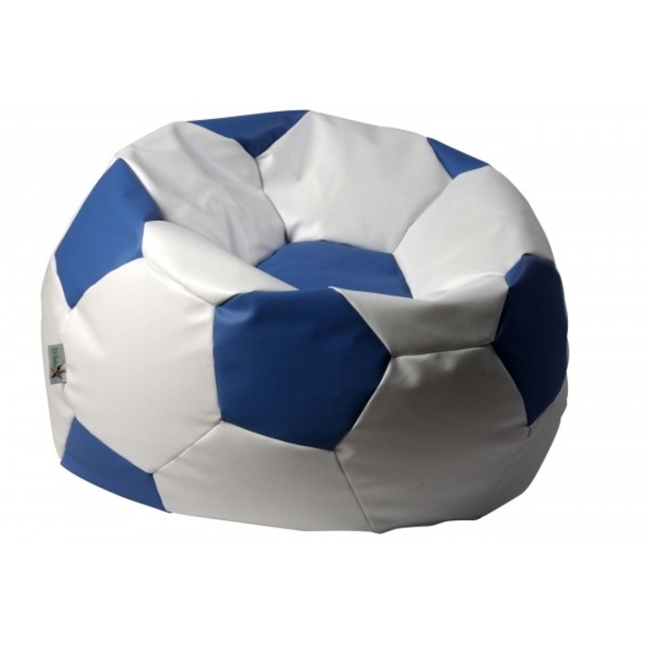 Fotoliu sac tip minge Euroball, Alb cu albastru, piele ecologica, QMOBILI