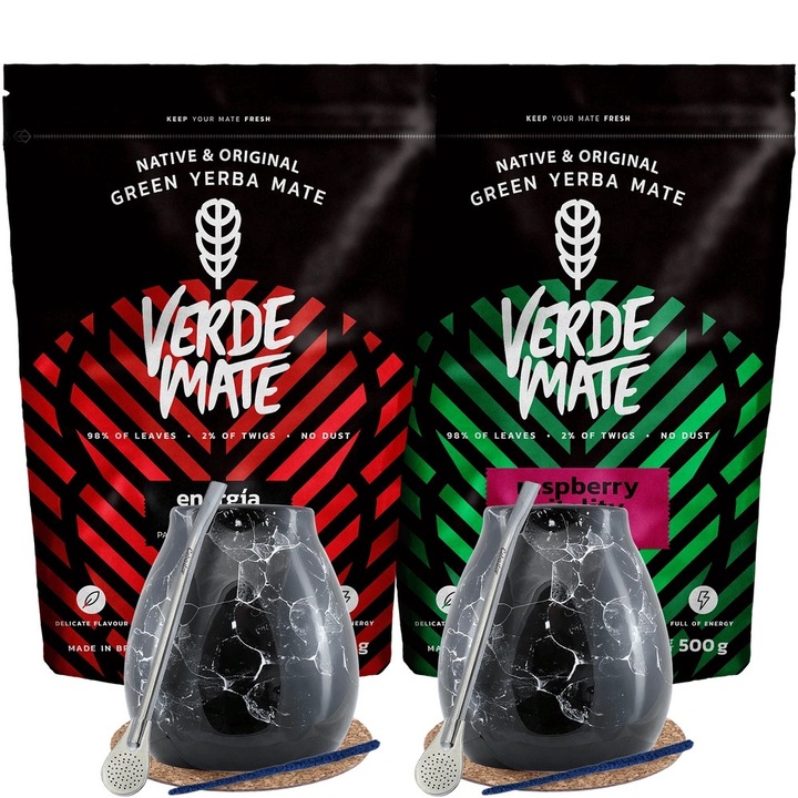 Yerba Mate, Készlet, 2 Bögrével 300 ml és Bombilla, Verde Mate Raspberry Vitality Guarana, 2x500g