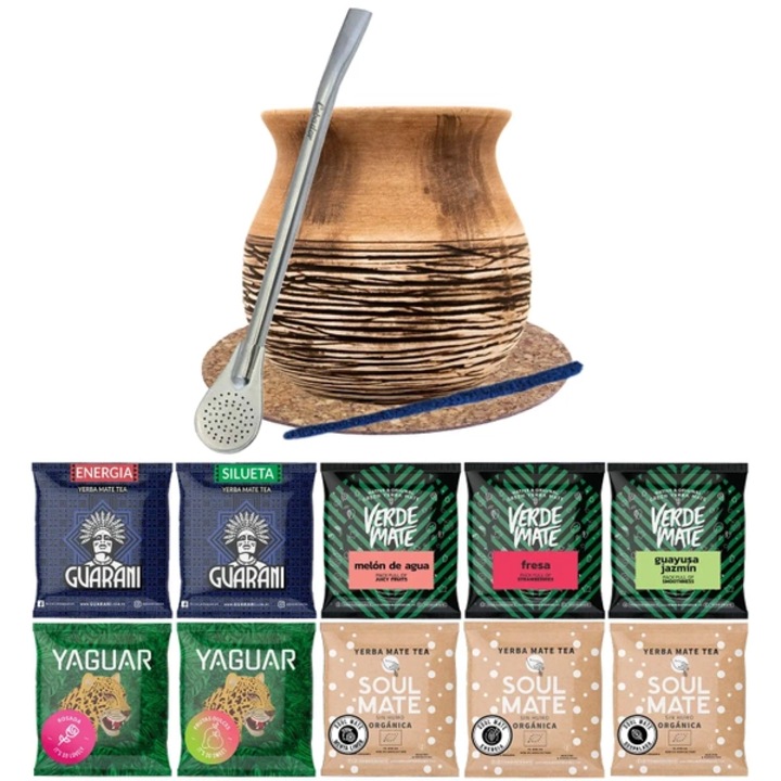 Yerba Mate Tea, Készlet, Minták Verde Mate Yaguar Soul Mate 10x50g, Barna Bögre Anciento 375 ml, Bombilla