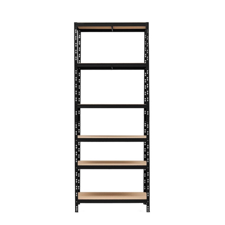 Fém polc 220 x 90 x 60 cm Handlekraft® 6 MDF polc, 175 kg/polc, könnyen tárolható polc, csíptetős összeszerelés, fekete/acél