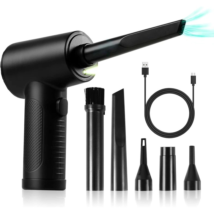 Suflanta Aer Electrica Fara Fir Adolcef, 3 Viteze De Suflare, Pentru Tastatura, Aer Conditionat, Casa, Masina, 5 Accesorii, Lumina Led Pentru Colturi Intunecate, Curatare Fara Efort, 51000 RPM
